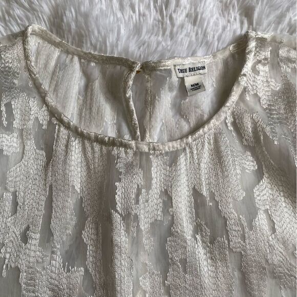 True Religion Lace Sheer Boxy Top White Keyhole Opening Lightweight Women Medium - Picture 3 of 7